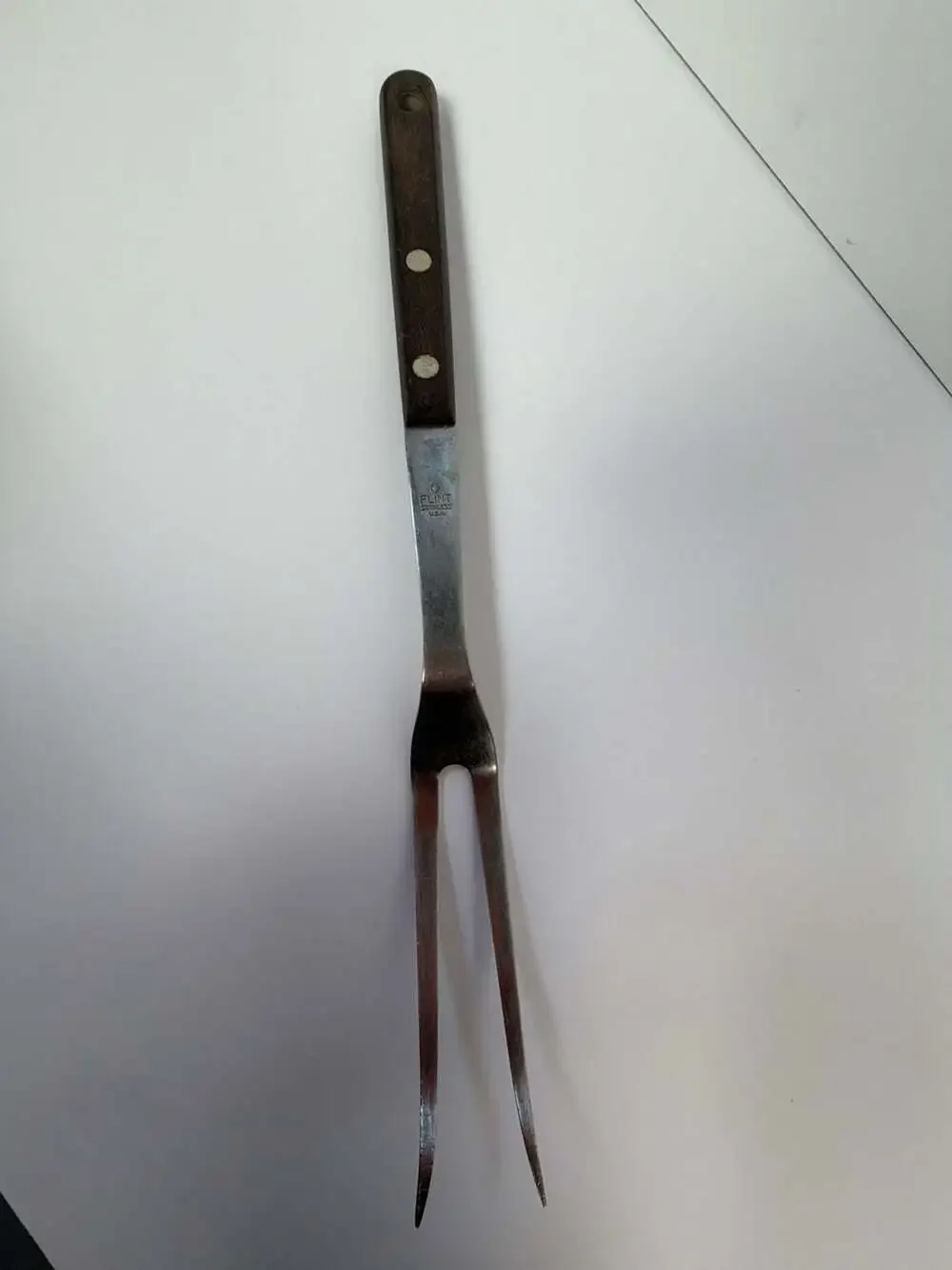 Vintage Flint Stainless USA Two-Prong Carving Fork with Wood Handle